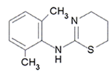 Strukturformel Xylazin HCl andyr. (5,6-Dihydro-2(2,6-xylidino)-4H-1,3-thiazin) ein Sedativum, Muskelrelaxans und Analgetikum